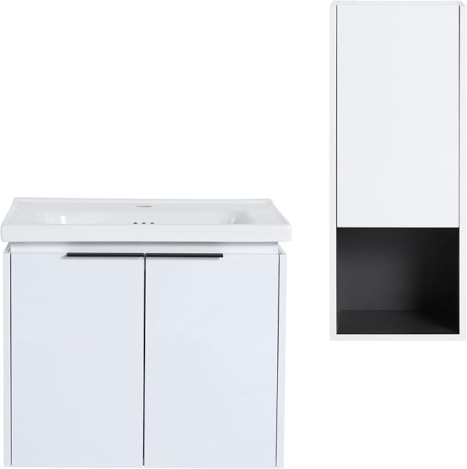 24 Inch Bathroom Vanity with Sink Combo,24'' Floating Bathroom Vanity with Sink, Modern Wall Mounted Cabinet Set with 12'' Side Cabinet Combo,White