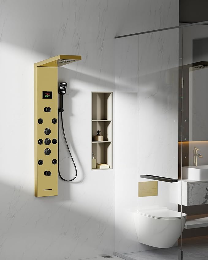 Homevacious Polished Gold 5 In 1 Shower Panel Tower System LED Rain Waterfall Shower Head and Adjustable Massage Body Jets 3 Settings Handheld Head and Tub Spout Stainless Steel Bathroom Panel
