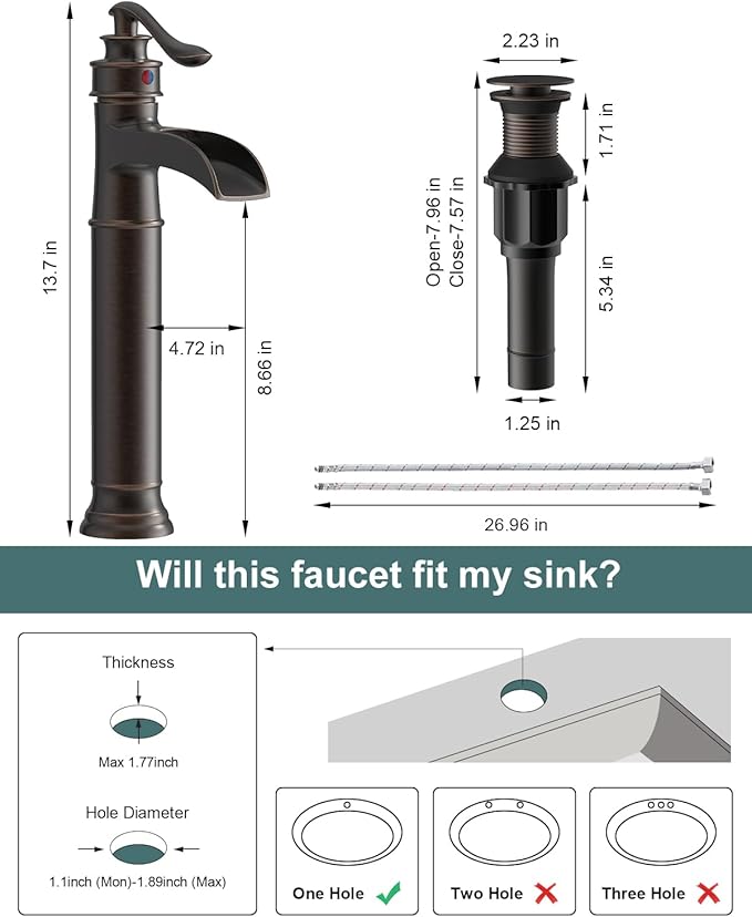 BWE Waterfall Spout Oil Rubbed Bronze Bathroom Faucet Single Handle One Hole Vessel Sink Faucet ORB Lavatory Faucets Deck Mount Tall Body Commercial