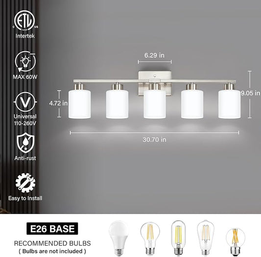 FonmYim Brushed Nickel Bathroom Light Fixtures Vanity Lights Over Mirror | Modern 5-Light lighting fixtures for bathroom with Milky White Frosted Glass Shades, E26 Socket (Bulbs Not Included)