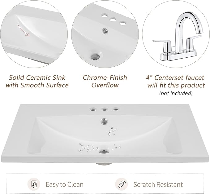 30 Inch Floating Vanity Bathroom with Sink, White Painted Bathroom Vanity Cabinet Combo with Ceramics Sink Top, Soft Close Cabinet Door & Open Storage Right Shelf, Modern Wall Mounted Vanity