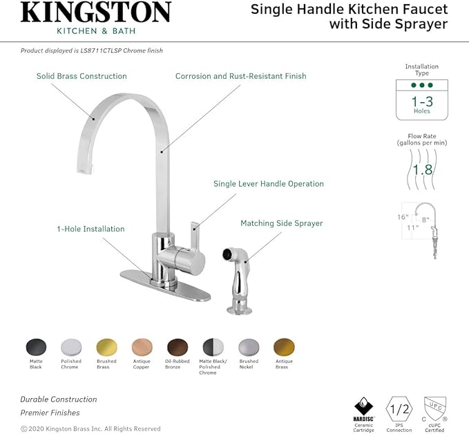 Gourmetier LS8713CTLSP Continental Single-Handle Kitchen Faucet with Side Sprayer, Brushed Brass