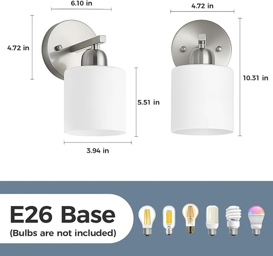 Brushed Nickel Bathroom Light, Anti-Rust Finish 2PCS Light Bathroom Vanity Light Brushed Nickel, Milky White Frosted Glass Shades, E26 Socket