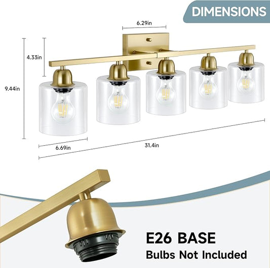 Modern Brushed Gold 5 Light Bathroom Vanity Light,31 inch Vanity Lights for Bathroom with Clear Glass for Mirror Kitchen Living Room Hallway Cabinet Porch
