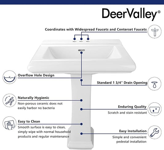 DeerValley 26"L X 20"W Rectangular Pedestal Sink, Apex White Ceramic Pedestal Bathroom Sink with 3 Faucet Holes at 4" Faucet Centers, with Overflow,DV-1P521