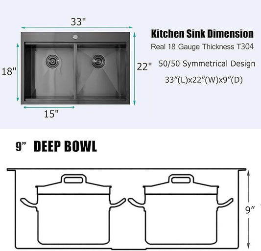 Comllen 33''× 22''× 10'' Kitchen Sink 16-gauge 304 stainless Gunmetal Black, Stainless Steel Drop in Double Basin Kitchen Sinks with Accessories