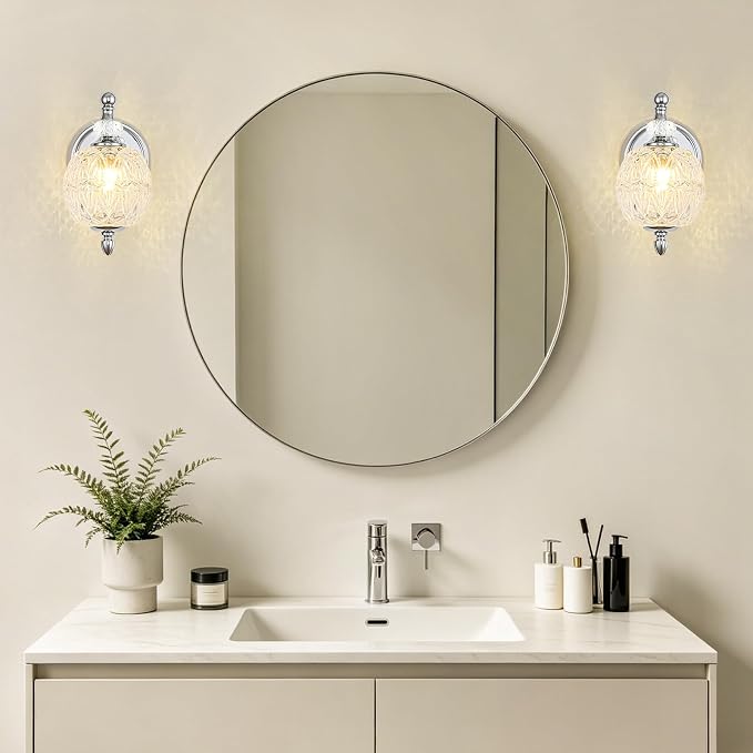 1 Piece Brushed Chrome Wall Sconce, 1-Light Mid Century Modern Brushed Chrome Finish Wall Sconce with Globe Glass Shade, Modern Light for Bathroom, Bedroom, Living Room,Powder Room