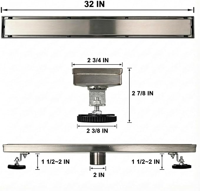 Linear Shower Floor Drain, 32 Inch Brushed Nickel 304 Stainless Steel Bathroom Drains Kit, Rectangular Shower Trench Drain with Reversable Tile-in Pattern Drain Cover & Hair Catcher