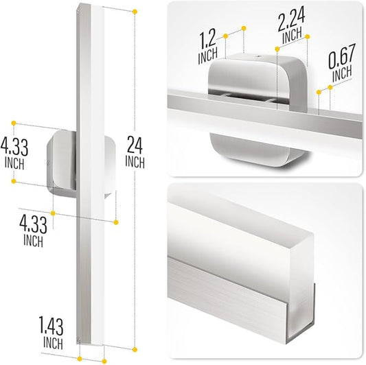 Yarra-Decor 24-inch LED Bathroom Vanity Light Bar,Vanity Lighting Fixtures for Mirror Illumination,Indoor Daylight White Wall Light 6000K (Nickel)