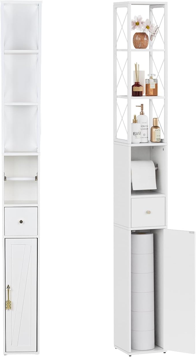 VECELO Tall Narrow Storage Cabinet with X-Frame Metal Design, Slim Freestanding Bathroom Cabinet with Toilet Paper Holder, Magnetic Door & Drawer, for Small Spaces, 7.9" D x 7.9" W x 67" H, White