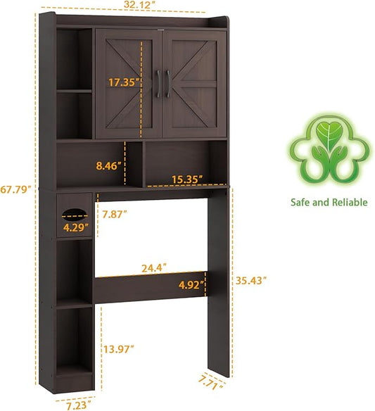 Vabches Over The Toilet Storage Cabinet, Farmhouse Storage Cabinet Over Toilet with 2 Barn Door & Toilet Paper Holder Stand,Home Space-Saving Toilet Rack, for Bathroom, Restroom, Laundry