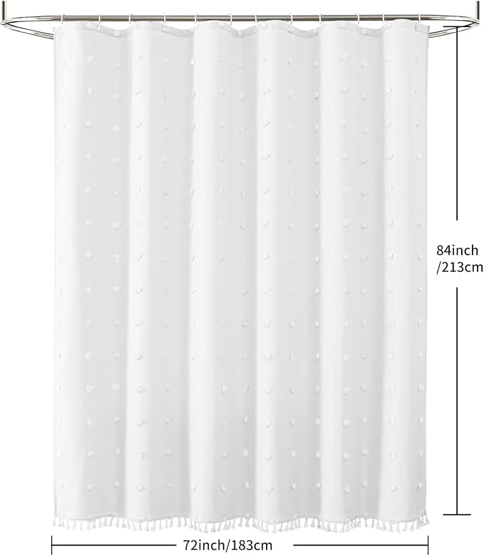 LilyCat White Farmhouse Tufted Floral Shower Curtain with Tassel, 72" x 84" | Waterproof Boho Fabric Shower Curtain Set with Hooks, Cute Rustic Vintage Bathroom Décor, Minimalist Cloth Bathroom Curtain