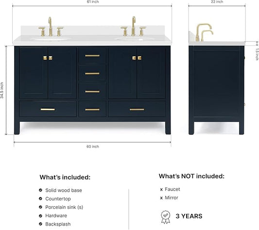 ARIEL Cambridge 60-inch Bathroom Vanity with Sink,Solid Wood, 1.5-inch Pure White Quartz Countertop & Backsplash, Double Oval Porcelain Sink, 4 Soft Closing Doors, 6 Dovetail Drawers, Midnight Blue