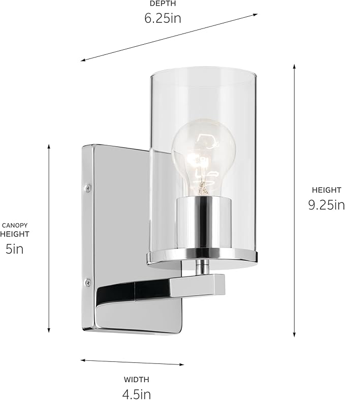 Crosby 4.5" 1-Light Wall Sconce with Clear Glass in Chrome, for Bathroom, Powder Room, Hallway, Kitchen, Bedroom, Fireplace, (4.5" x 9.25"), 45495CHCLR