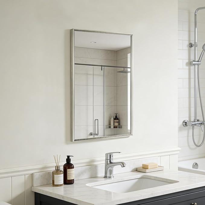 Bathroom Mirror for Wall, 24x16 Inch Framed Vanity Mirror Brushed Nickel | Rectanglar Metal Beveled Framed Mirror for Over Sink, Tempered Glass, Anti-Rust, Hangs Horizontally or Vertically