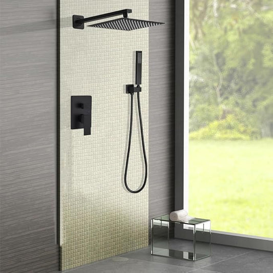 Matte Black Shower System 12 Inch Bathroom Luxury Rain Mixer Shower Combo Set Wall Mounted Rainfall Shower Head and Handheld System Shower Faucet Set Rough-in Valve Body and Trim Kit