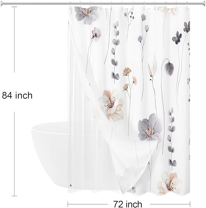 Extra Long 3 in 1 Shower Curtain Set, 72x84 | Extra Long 3 in 1 Shower Curtain Set, PEVA Liner Set & 12 Double Sided Steel Hooks, Waterproof Fabric Bathroom Curtain