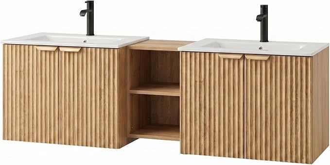 60 Inch Floating Bathroom Vanity with Double Sink, Bathroom Double Sink Cabinet with Soft Close Door Waterproof Storage, Wood Color