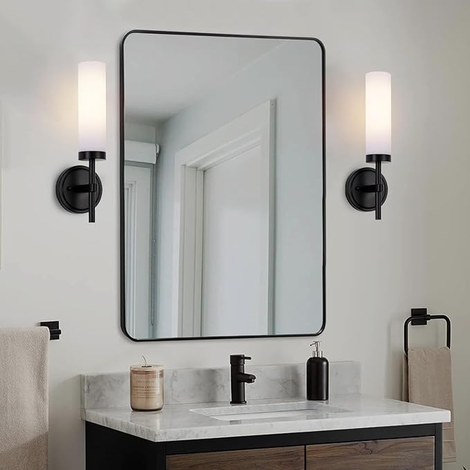 Black Bathroom Wall Sconces Set of 2, Modern Sconces Wall Lighting Vanity Lights with Opal White Glass Shade, Farmhouse Wall Mount Lamp for Mirror Living Room Bedroom Hallway Kitchen Stairs