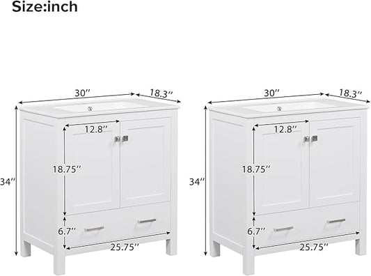 LUMISOL 60" Double Sink Bathroom Vanity, Solid Wood Bathroom Sink Cabinet with 2 Drawers, Storage Racks & 2 Cabinets, Separate 2 Bathroom Vanities with Ceramic Sink, Mirror Not Included, White