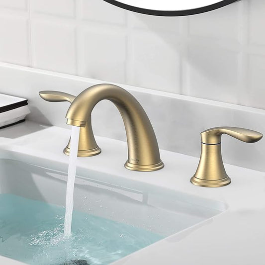 GAOMON Bathroom Sink Faucet, Faucet for Bathroom Sink, Widespread Brushed Gold Bathroom Faucet 3 Hole with Stainless Steel Pop Up Drain and cUPC Lead-Free Hose - (Brushed Gold)