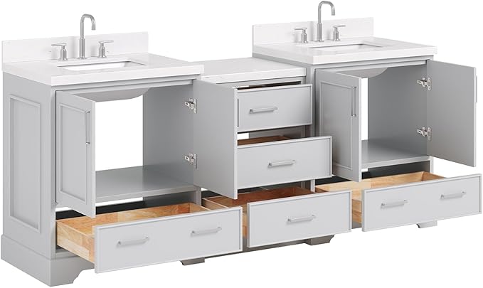 ARIEL Stafford 84-inch Bathroom Vanity with Sink,Solid Wood, 1.5in Carrara White Quartz Countertop & Backsplash, Double Rectangular Porcelain Sink, 4 Soft Closing Doors, 5 Dovetail Drawers, Grey