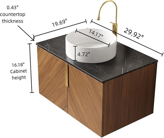 30 Inch Floating Vanity with Sink Combo, Modern Bathroom Vanity with Vessel Sink, Wall-Mounted Bathroom Vanity Cabinet with Doors, Sintered Stone Countertop and Round Basin,Brown Oak