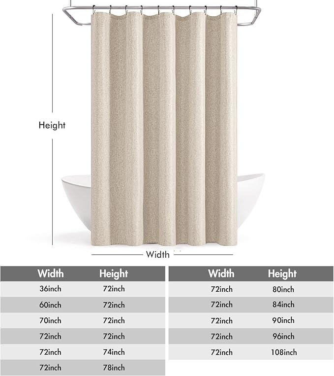 ANRODUO Cream Beige Linen Textured Fabric Shower Curtain Set - W60xL72 | Farmhouse Shower Curtain with 10 Metal Hooks, Waterproof Heavy Duty, Button Hole Design, Machine Washable for Bathroom