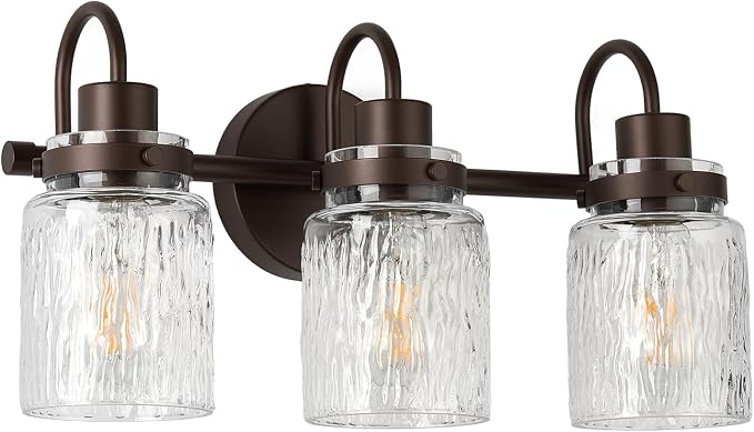 3 Lights Bathroom Vanity Light, Oil Rubbed Bronze Bathroom Light Fixtures with Hammered Glass Lampshade for Dressing Table,Over Mirror,Hallway