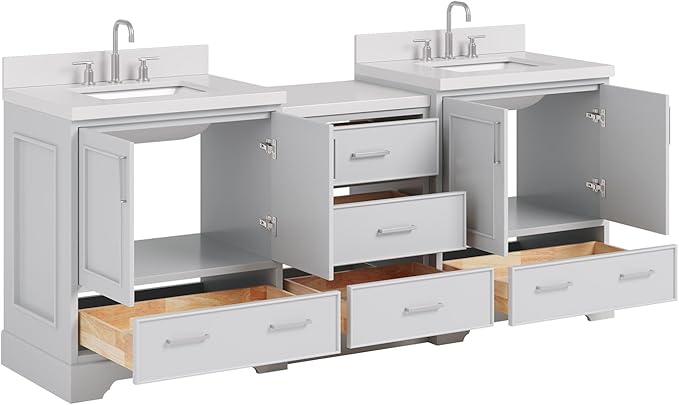 ARIEL Stafford 84-inch Bathroom Vanity with Sink,Solid Wood, 1.5in Pure White Quartz Countertop & Backsplash, Double Rectangular Porcelain Sink, 4 Soft Closing Doors, 5 Dovetail Drawers, Grey