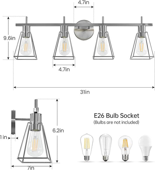 Industrial Bathroom Vanity Lights: 4-Light Silver Brushed Nickel Vintage Metal Cage Wall Sconce - Rustic Farmhouse Light Fixture Over Mirrors Cabinet for Bath Hallway