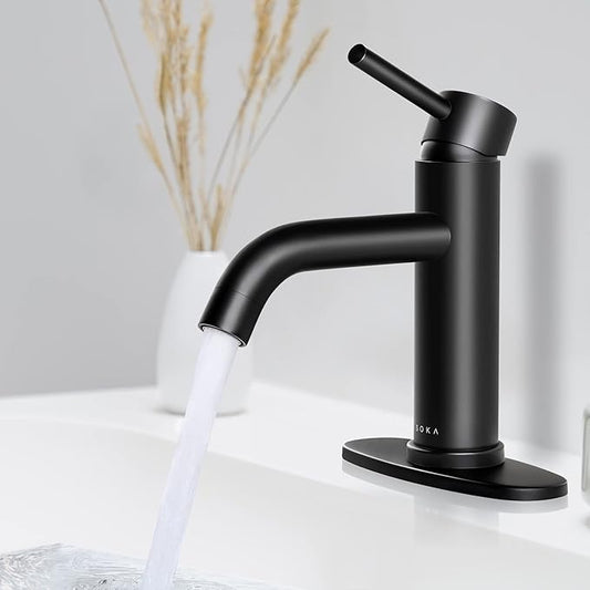 Bathroom Sink Faucet Single Handle Stainless Steel Lavatory Commercial Bathroom Faucet Bathtub Vanity Faucets with Deck Plate & Pop-Up Drain Assembly Fit for 1 & 3 Hole, Matte Black