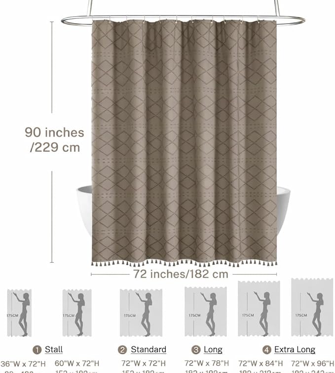 Siiluminisoy Extra Long Boho Shower Curtain with Tassels 72 x 90, Khaki