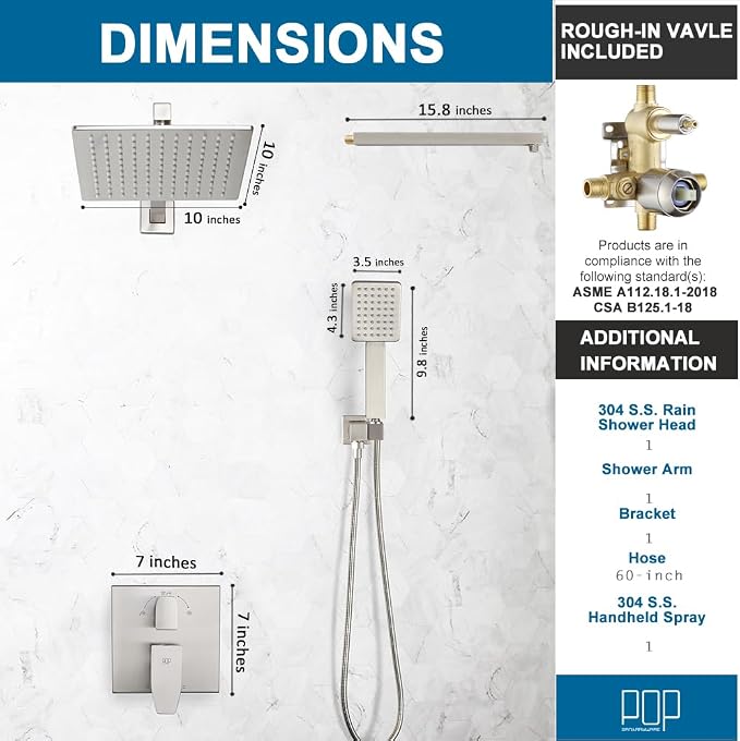 Shower Faucet Set Brushed Nickel Rainfall 10 Inch Shower Head and Handle Set Bathroom Rain Shower System Wall Mounted Shower Fixture Include Shower Valve and Trim Kit