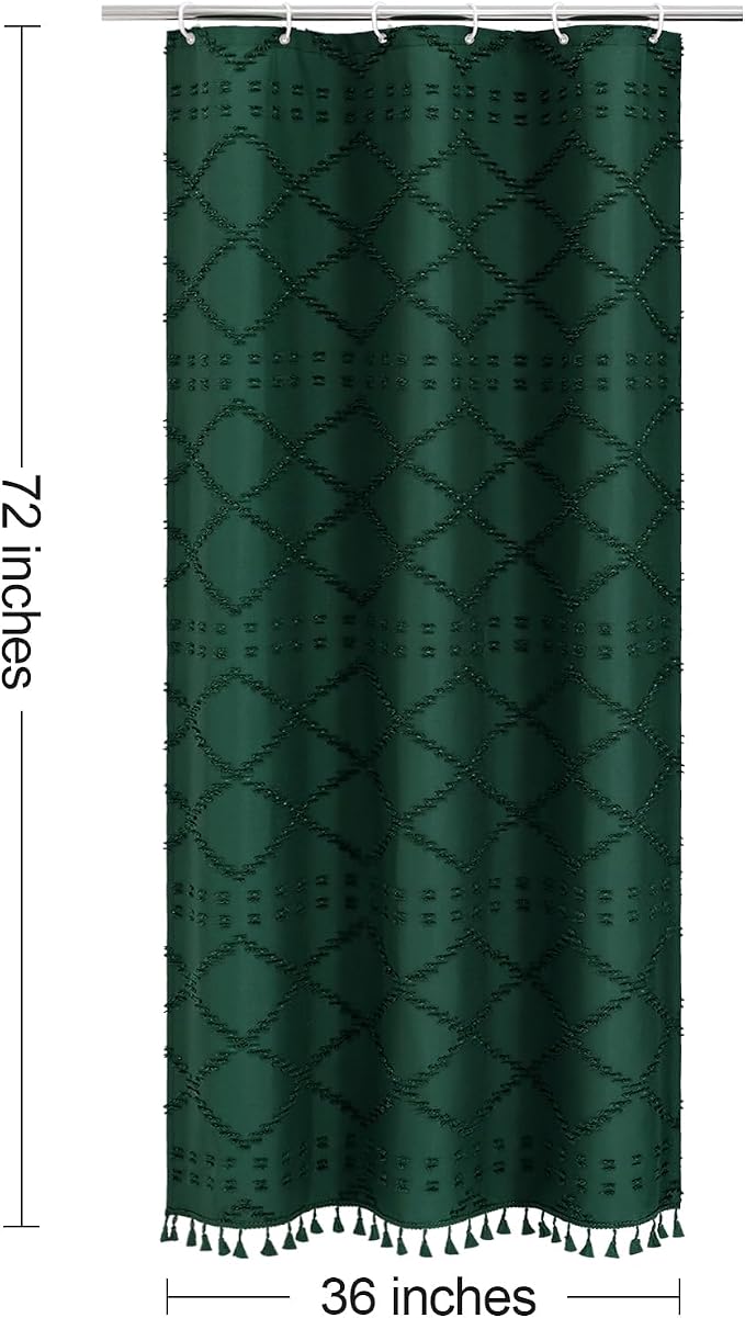 Dark Green Boho Fabric Shower Curtain with Tassel 36x72, Tufted Textured | Modern Farmhouse Curtain for Bathroom, Stall Bathroom Curtain, Minimalist Decor, Waterproof