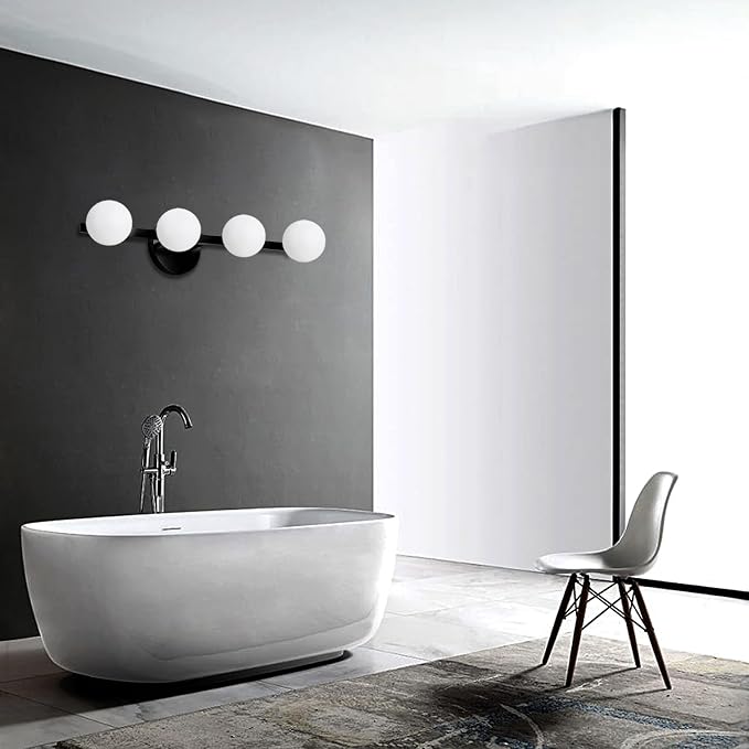 Lightdot 4 Light Bathroom Vanity Light, 26" Modern Black Vanity Lights with Globe Water/Shatterproof PC Lampshade, Rust-Proof Bathroom Light Fixtures Over Mirror for Kitchen Hallway Cabinet Porch