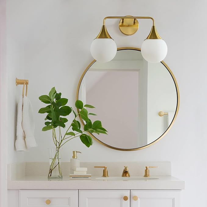 Bathroom Vanity Light Fixtures: 2-Light Mid Century Farmhouse Bathroom Lighting Fixtures Over Mirror - Brushed Gold Wall Sconce with Frosted Globe Glass for Hallway Restroom