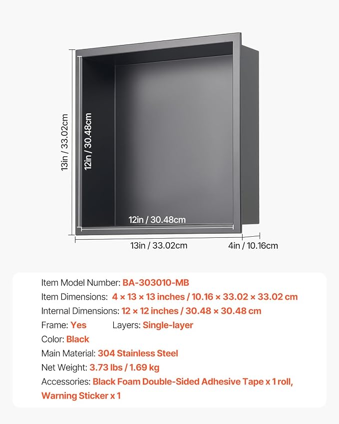 VEVOR Shower Niche, 13 x 13 x 4 inch Recessed Wall Niche, Heavy-Duty Stainless Steel Modern Soap & Shampoo Storage Organizer, Sealed Waterproof, Durable & Easy to Install,Black for Bathroom