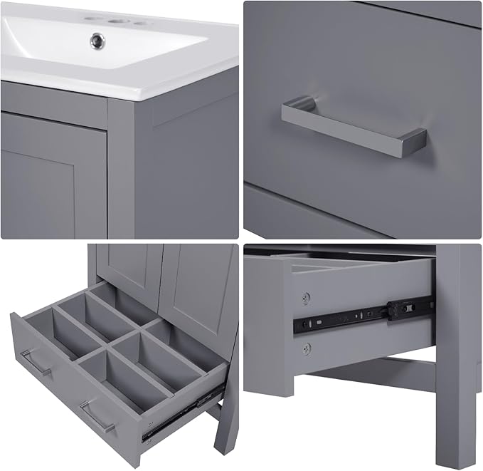 24" Freestanding Bathroom Vanity with Sink, Floor Stand Bathroom Storage Cabinet with Ceramic Sink, Door with Double-Layered Storage Shelves, Modern Compact Vanity with Divided Drawer, Gray