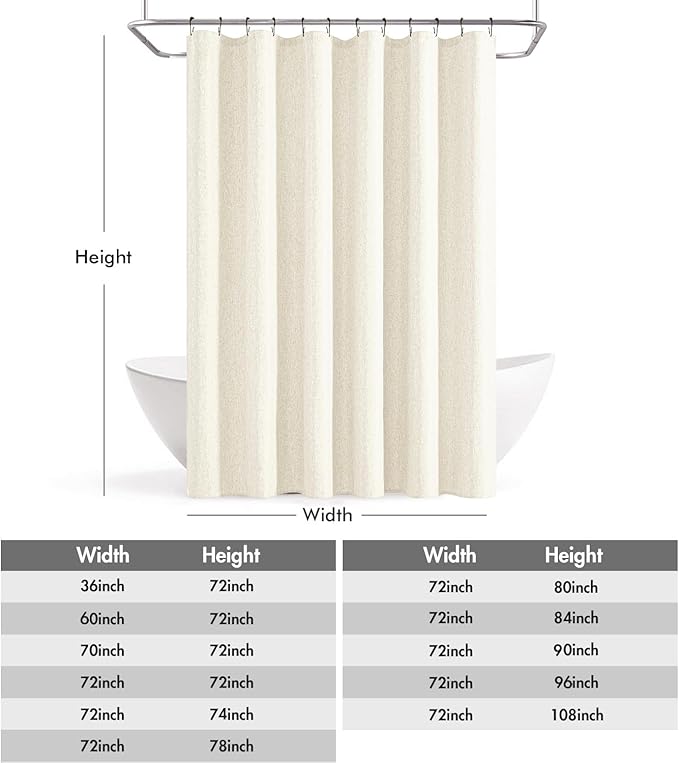 ANRODUO Ivory Linen Textured Fabric Shower Curtain Set - W72xL74 | Farmhouse Shower Curtain with 12 Metal Hooks, Waterproof Heavy Duty, Button Hole Design, Machine Washable for Bathroom