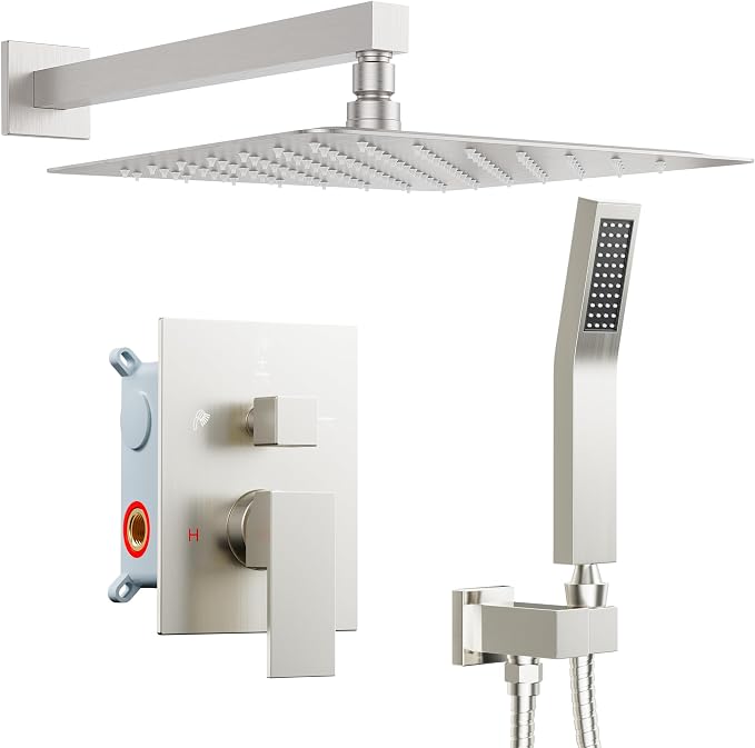 Shower System Shower Faucet Set, STARBATH 12" Wall Mount Rain Shower Head and Handheld Spray for Two Person, Rainfall Shower System with Diverter Valve and Trim Kit Complete,Brushed Nickel