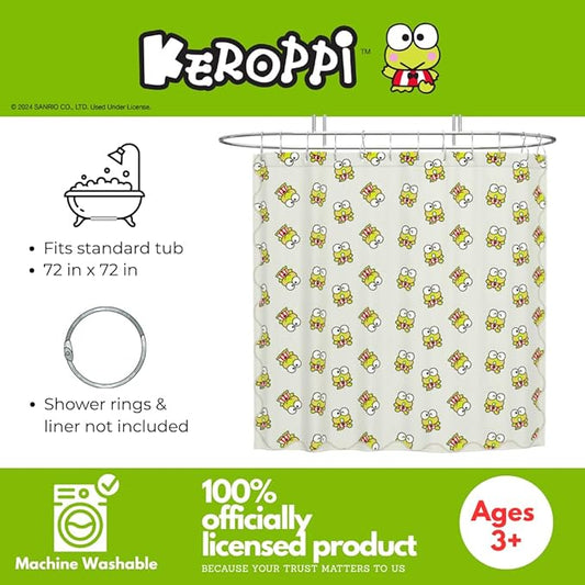 Sanrio Keroppi 13-Piece Shower Curtain Set, 72 x 72 Inch Fabric Curtain with Hooks, Bathroom Decor, Machine Washable, (100% Officially Licensed Product) by Franco Collectibles