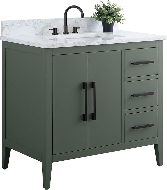 HomeBeyond 36 Inch Bathroom Vanity with Sink & Ceramic Top, Single Vanity Cabinet with Basin, Soft-Closing Doors & Matte Black Hardware, Vintage Green