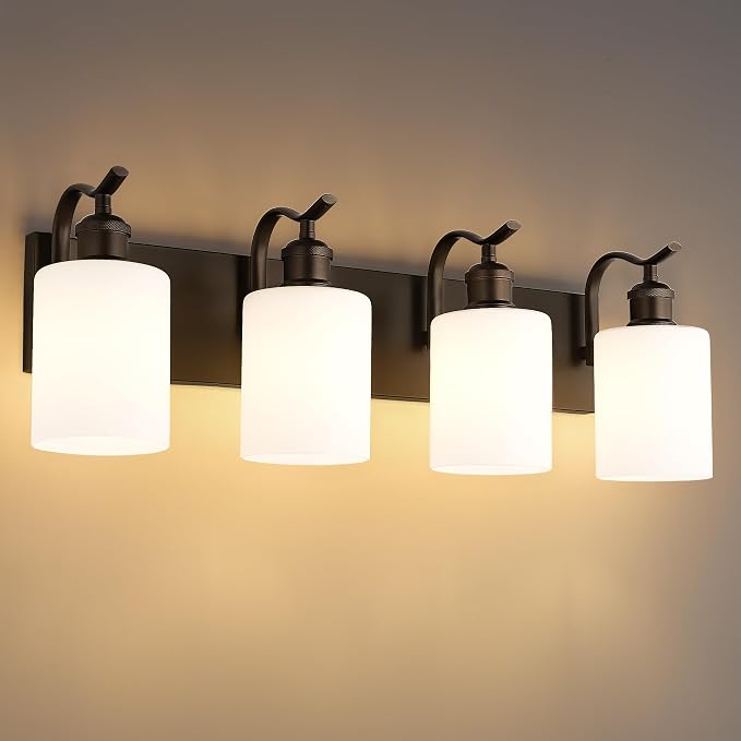 4-Light Bathroom Vanity Light,White Frosted Glass,Oil Rubbed Bronze | 27 Inch Over Mirror Wall Light,E26 sockets,for bathroom mirror,powder room,dressing area