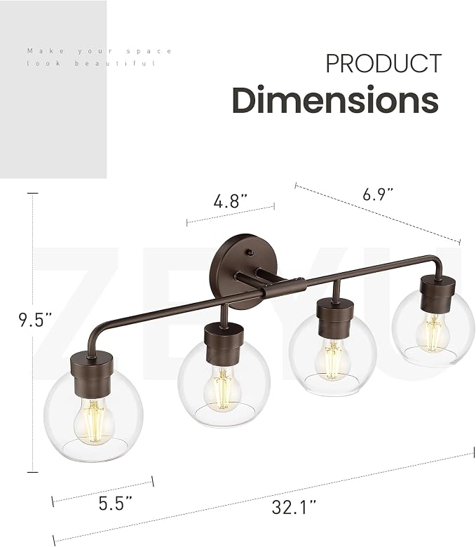 zeyu Oil Rubbed Bronze 32-Inch 4-Light Bathroom Vanity Light, ZS62BG-4W ORB | Bathroom Lights Fixtures Over Mirror, Hardwired, ETL Listed, Up/Down Mount, Clear Globe Glass Shades, For Bathroom Mirror