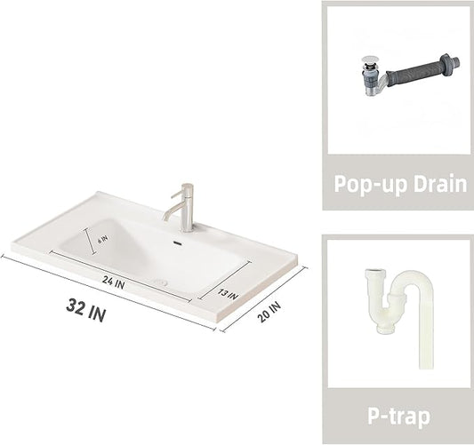 32'' Bathroom Vanity with Ceramic Sink Combo and Medicine Cabinet Mirror with Led Light/Defog, Wall Mounted Small Bathroom Vanity with Soft-Close Door Modern Floating Cabinet, Khaki(No Faucet)