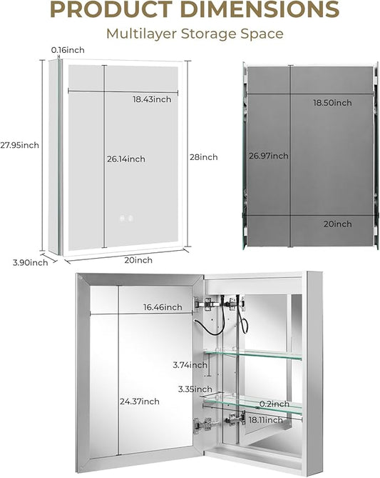 WallBeyond 20 x 28 LED Bathroom Medicine Cabinet, Square Lighted Mirror Cabinet with 3-Color Dimmable Lighting, Memory Function & Anti-Fog, Recessed or Surface Mount Installation