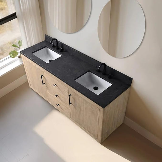 Vanity Art 72 inch Double Sink Bathroom Vanity, Vanity Cabinet with Doors and Shelf, Modern Wood Bathroom Vanity with White Marble Top, Solid Wood Frame, 3 Functioning Drawers,VA70-72-DLW-B