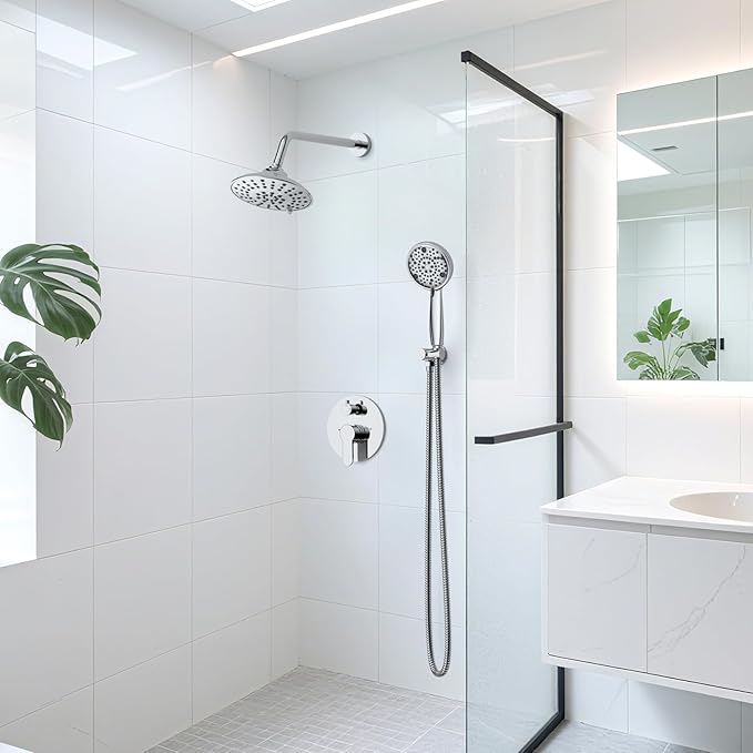 EMBATHER Shower Faucets Sets Complete with 3 Setting High Pressure Shower Head, Bathroom Wall Mounted Rainfall Shower Fixtures with 8-Mode Handheld Spray, Polished Chrome