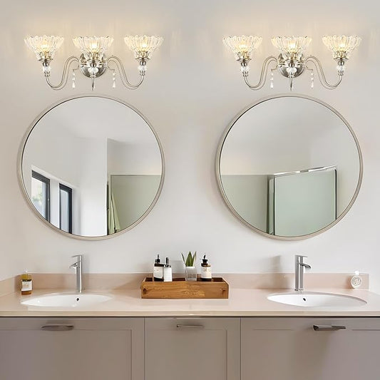 Brushed Nickel Bathroom Vanity Light, 3-Light Nickel Finish Wall Sconce with Hanging Crystal Accents and Flower-Shaped Clear Glass Shades, Modern Wall Mount Vanity Light Over Mirror for Bathroom